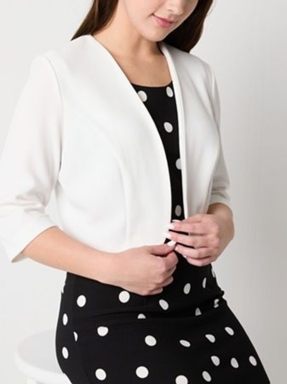 Maya Brooke White Cropped Jacket over Black & White Polka Dot Dress!.